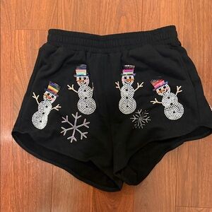 Queen of Sparkles Black Shorts with Pearl Sequin Snowman Design Large